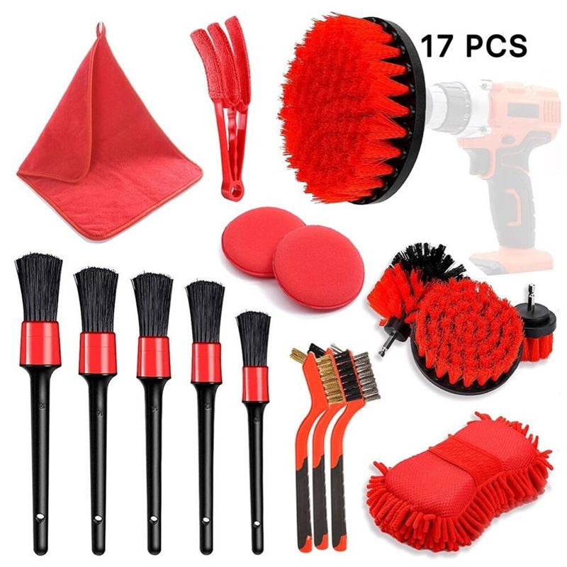 17pcs Red Drill Soft Brushes Set Car Detailing Brush para el lavado de neumáticos de ruedas de automóviles