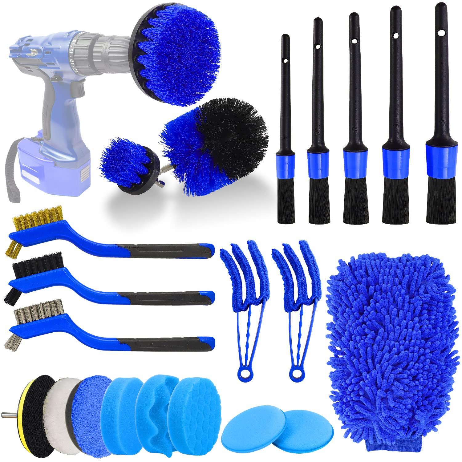 22 Pcs Kit de detalle de automóviles cepillos Conjunto de limpieza de interiores con perforación automática cepillado blando pegamento esponja almohadillas de pulido