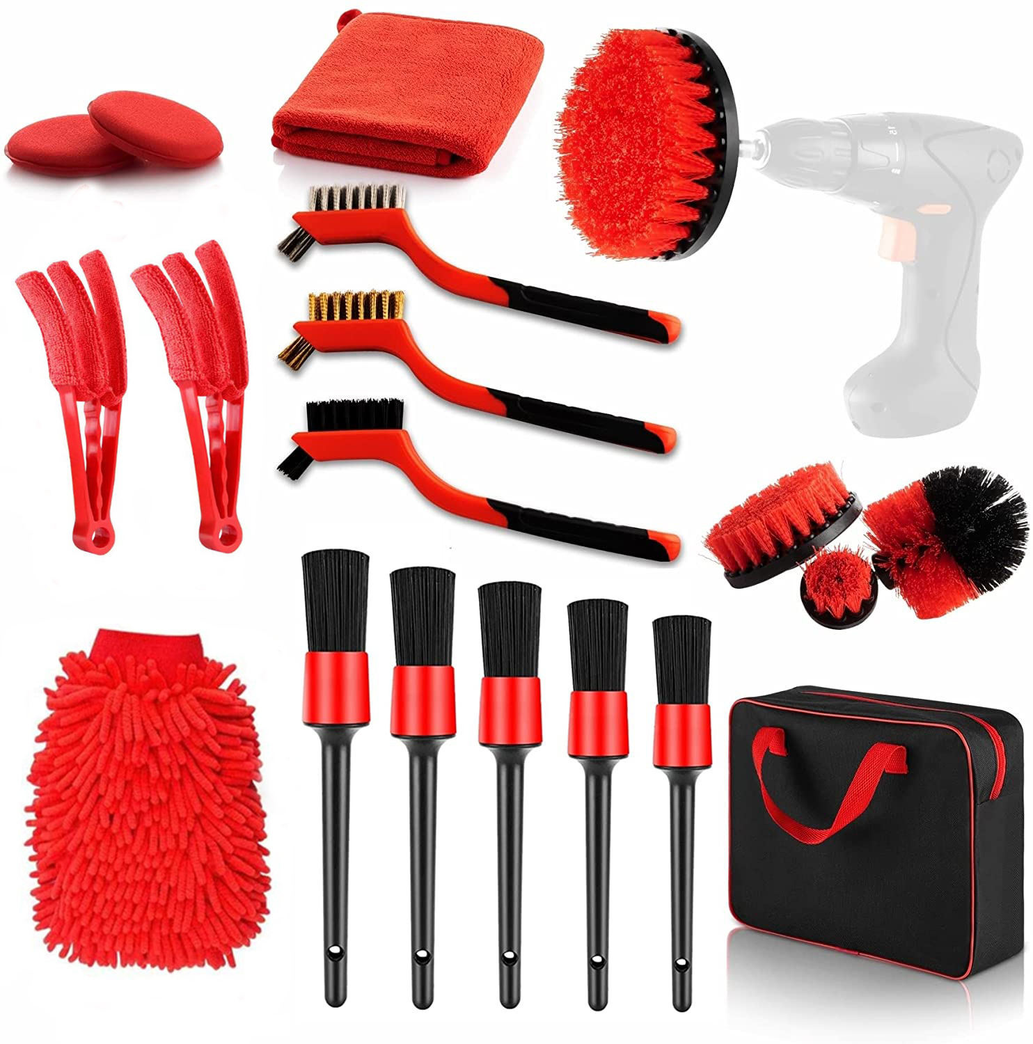 19Pcs de maquinaria de detalle de cepillado conjunto con bolsa de transporte todo propósito limpio para la limpieza interior, exterior